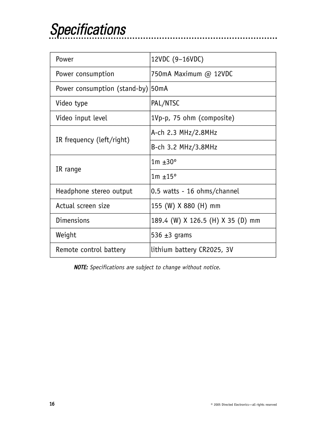 Directed Video HVM702 installation manual Specifications, Pal/Ntsc 