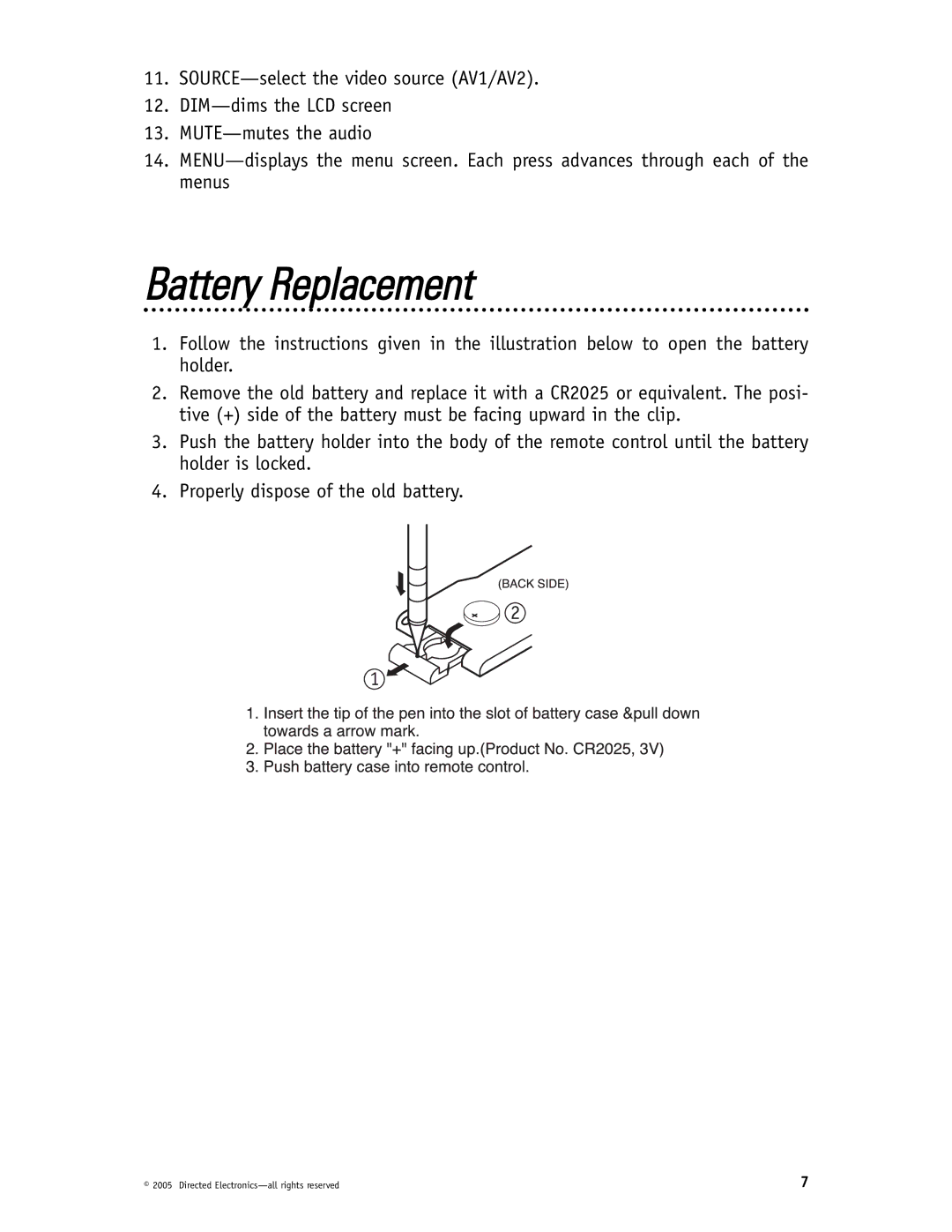 Directed Video HVM702 installation manual Battery Replacement 