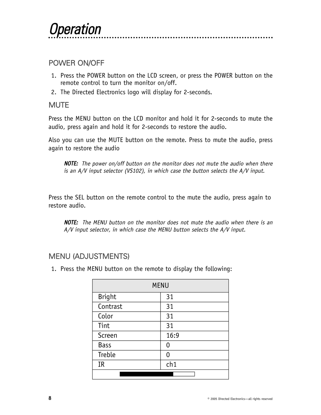 Directed Video HVM702 installation manual Operation, Power ON/OFF 