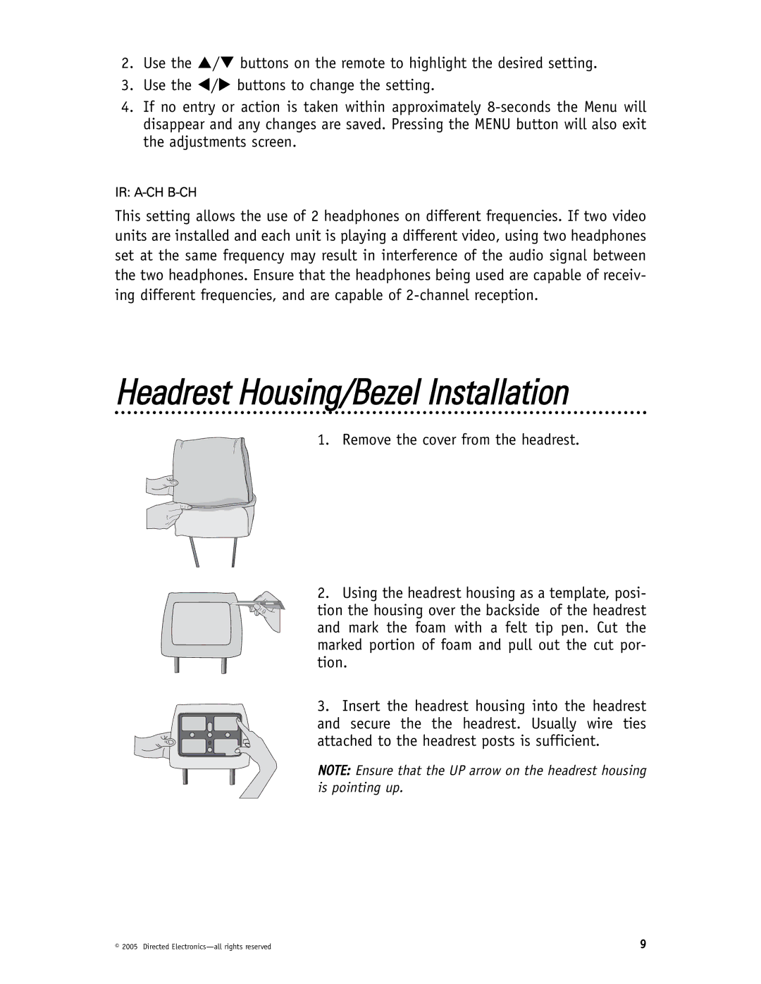 Directed Video HVM702 installation manual Headrest Housing/Bezel Installation 