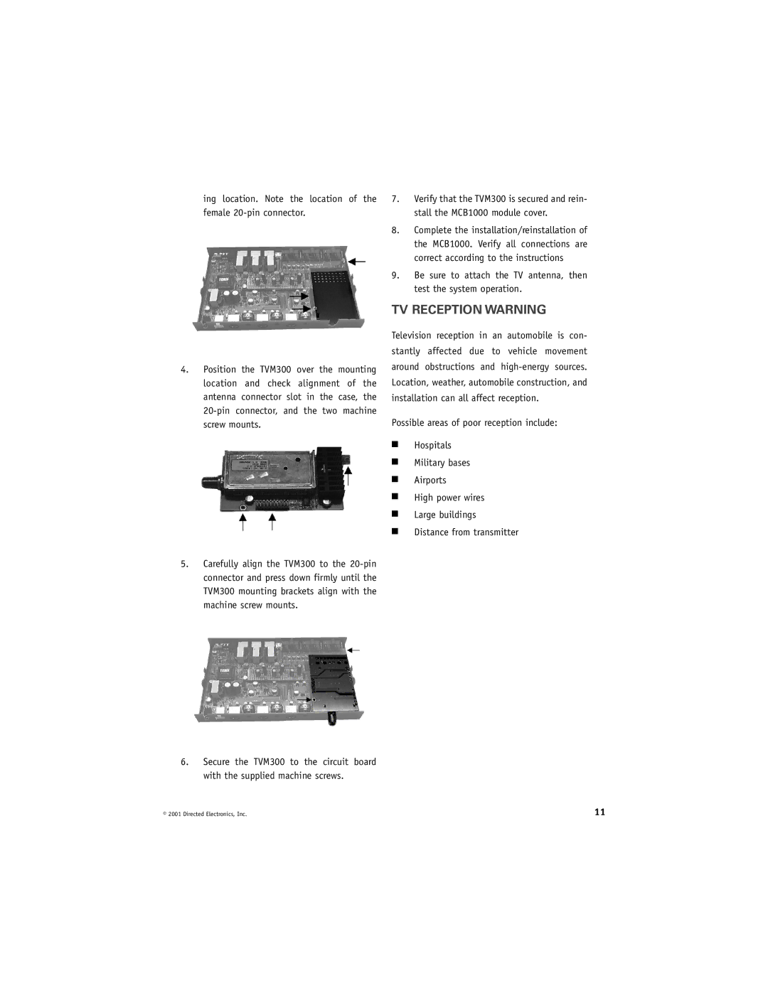 Directed Video MCB1000 manual TV Reception Warning 