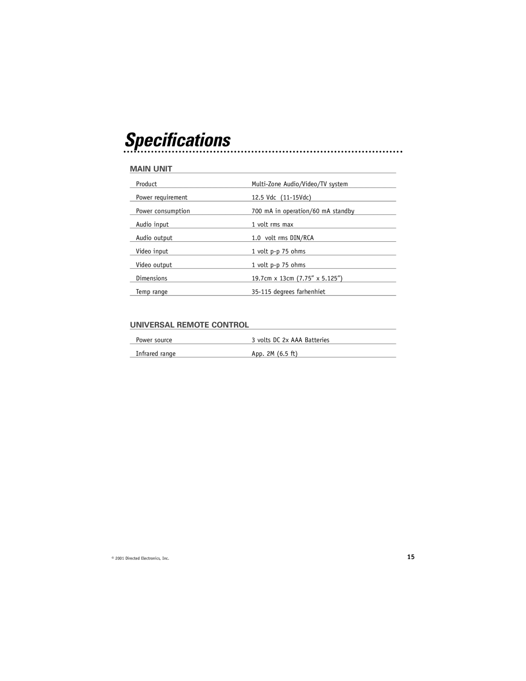 Directed Video MCB1000 manual Specifications, Main Unit 