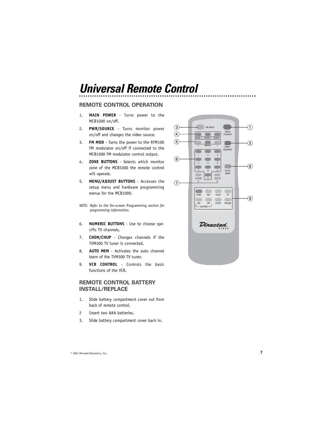 Directed Video MCB1000 manual Universal Remote Control, Remote Control Operation, Remote Control Battery INSTALL/REPLACE 