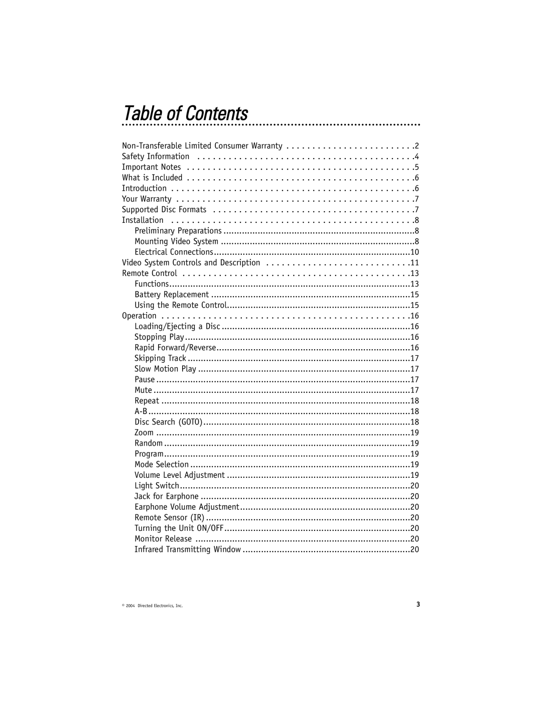 Directed Video OHD070 manual Table of Contents 