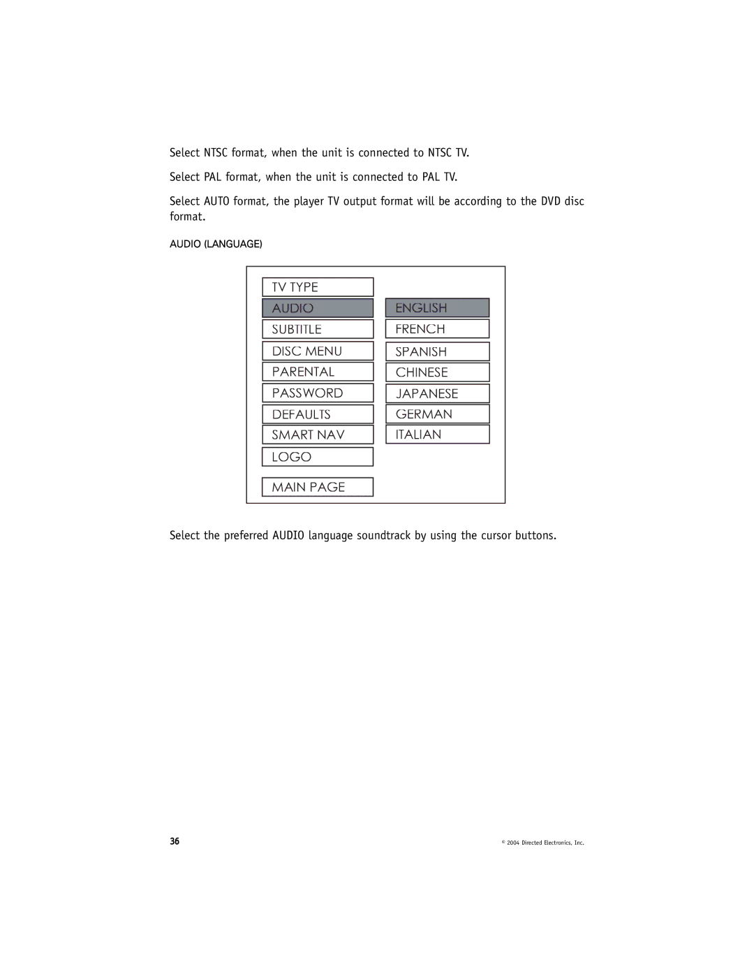 Directed Video OHD070 manual Audio Language 