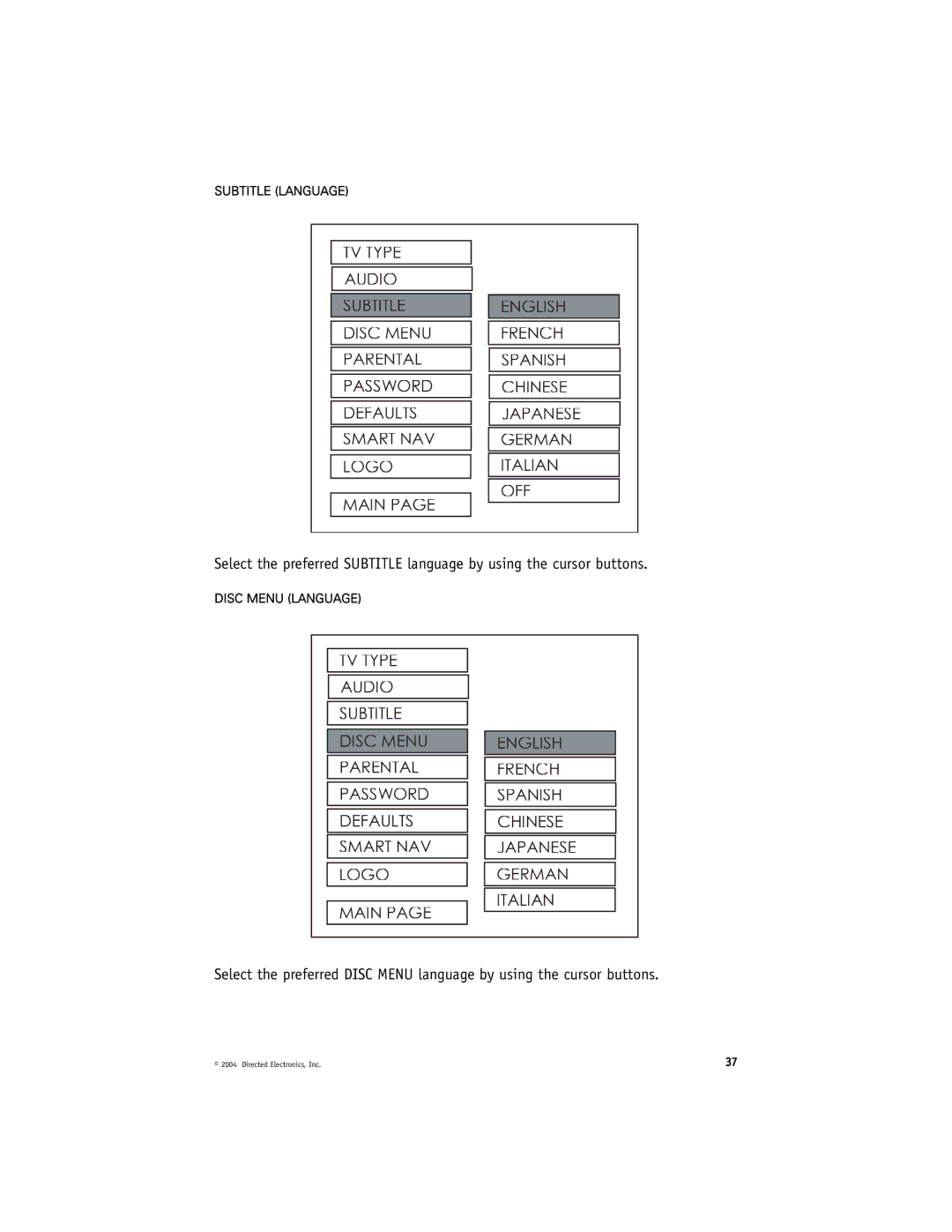 Directed Video OHD070 manual Subtitle Language 