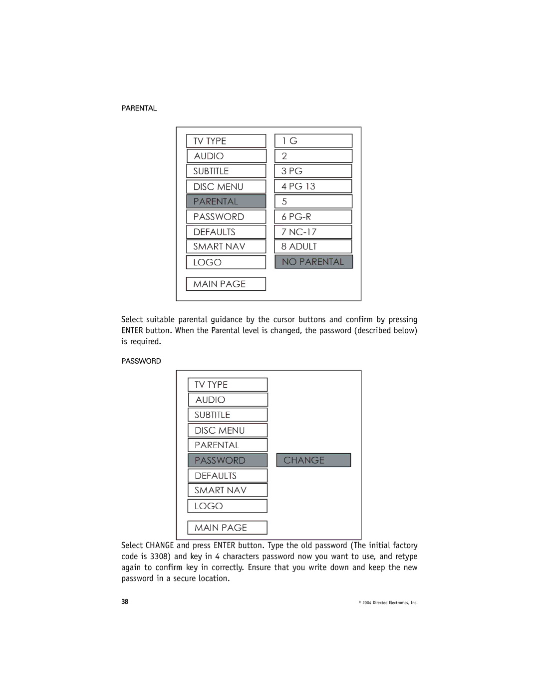 Directed Video OHD070 manual TV Type Audio Subtitle Disc Menu Parental Password 