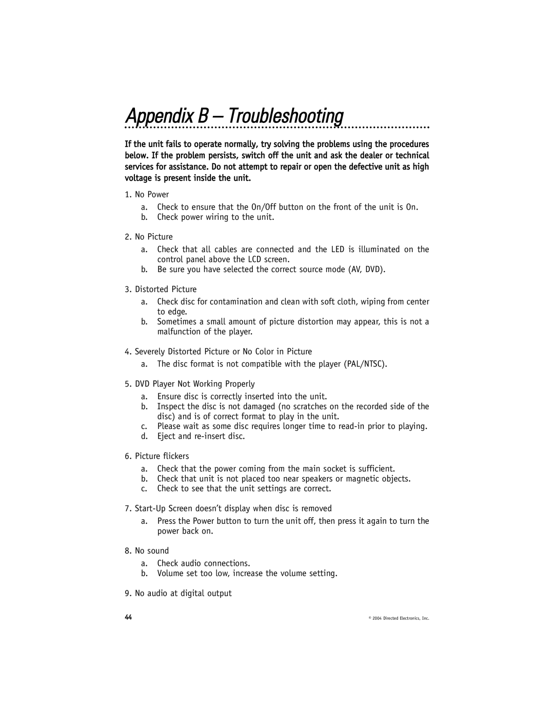 Directed Video OHD070 manual Appendix B Troubleshooting 