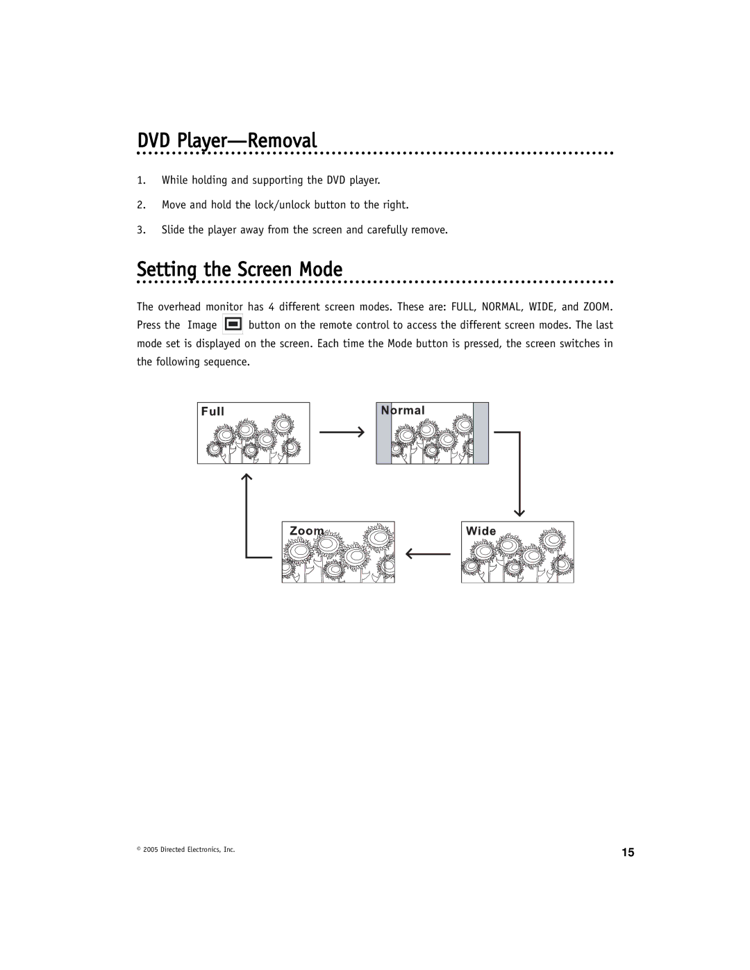 Directed Video OHD1021 manual DVD Player-Removal, Setting the Screen Mode 