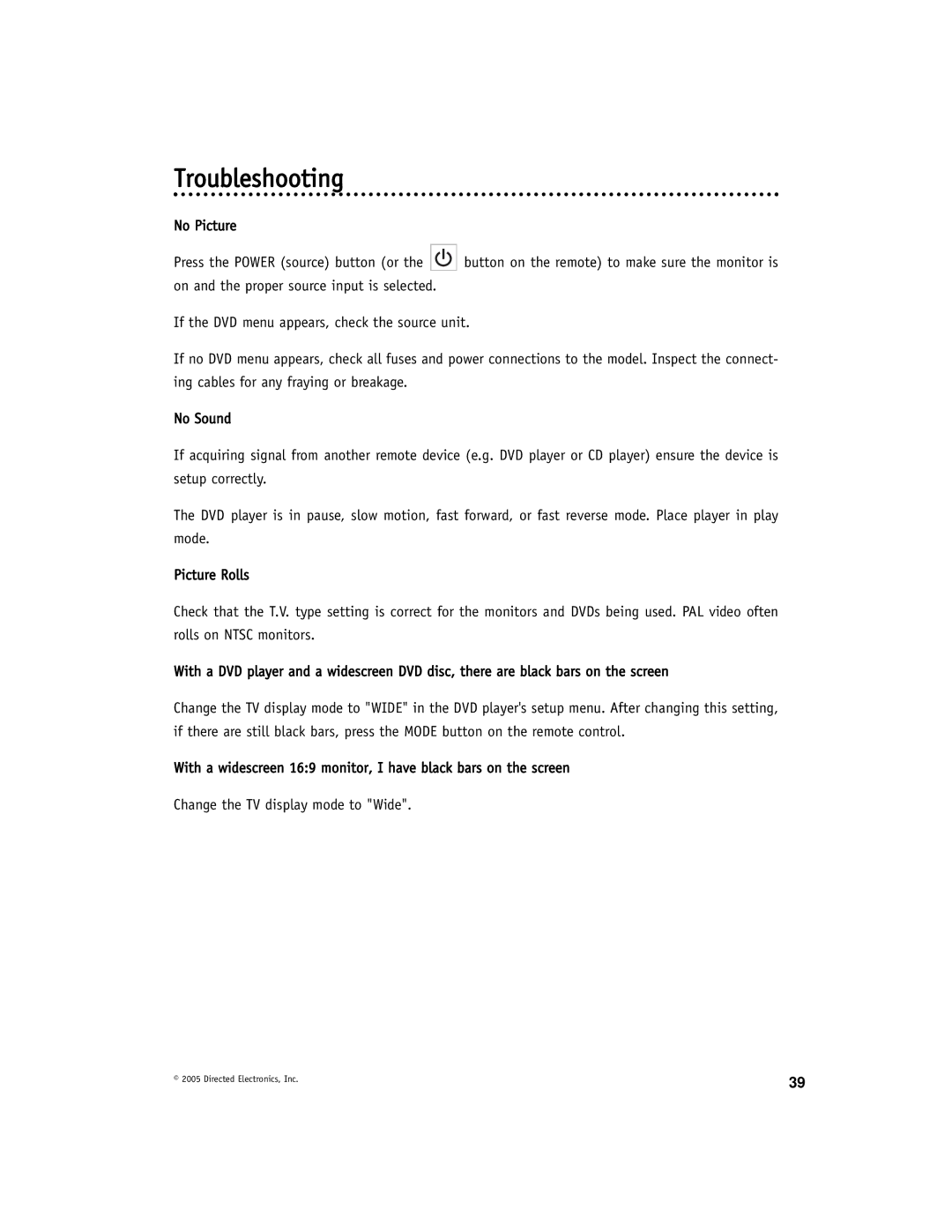 Directed Video OHD1021 manual Troubleshooting 