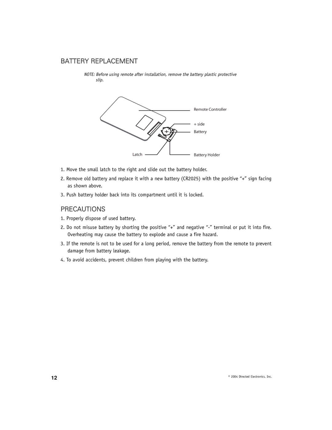 Directed Video OHD1040 manual Battery Replacement, Precautions 