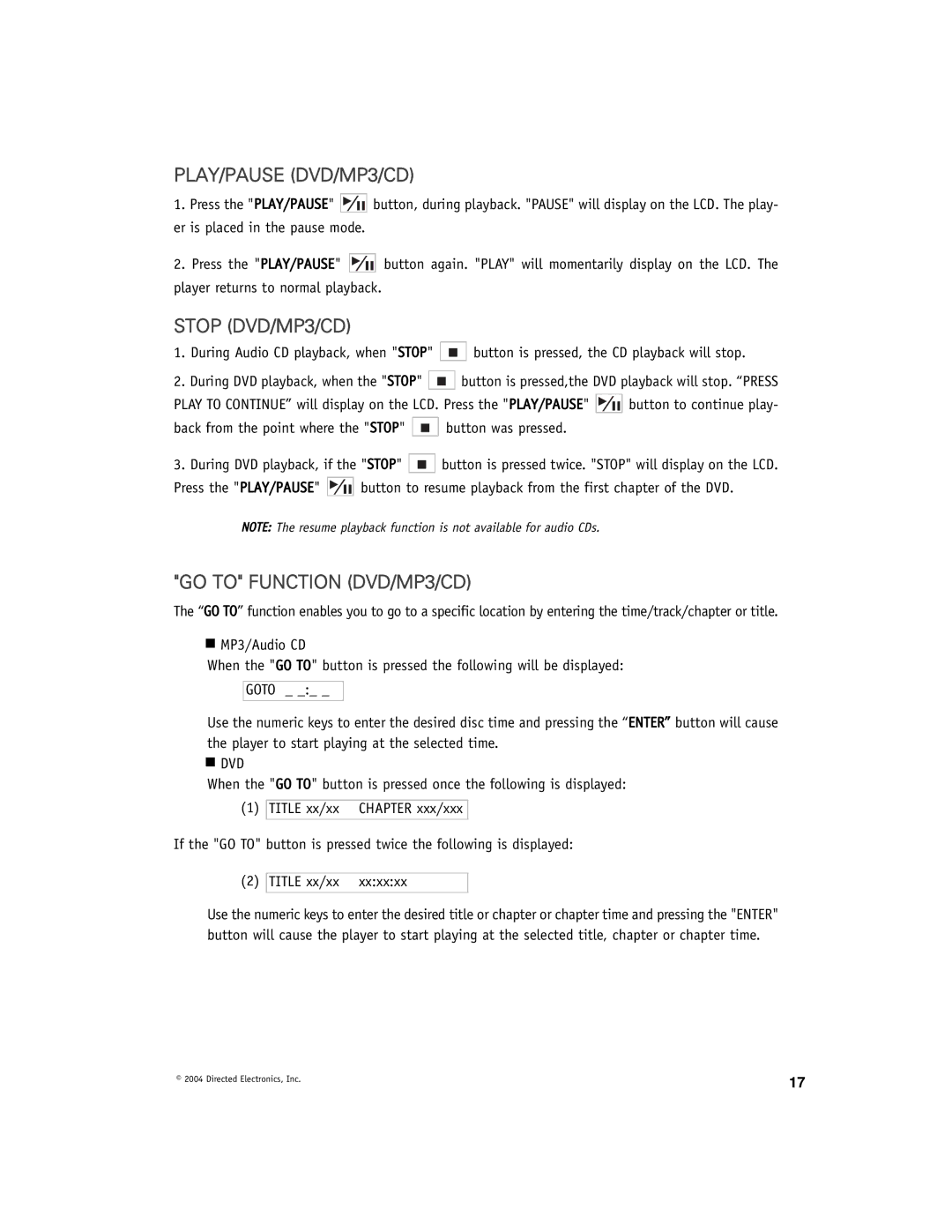 Directed Video OHD1040 manual PLAY/PAUSE DVD/MP3/CD, Stop DVD/MP3/CD, GO to Function DVD/MP3/CD 