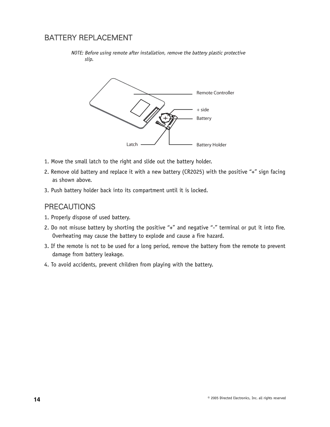 Directed Video OHD1500 manual Battery Replacement, Precautions 