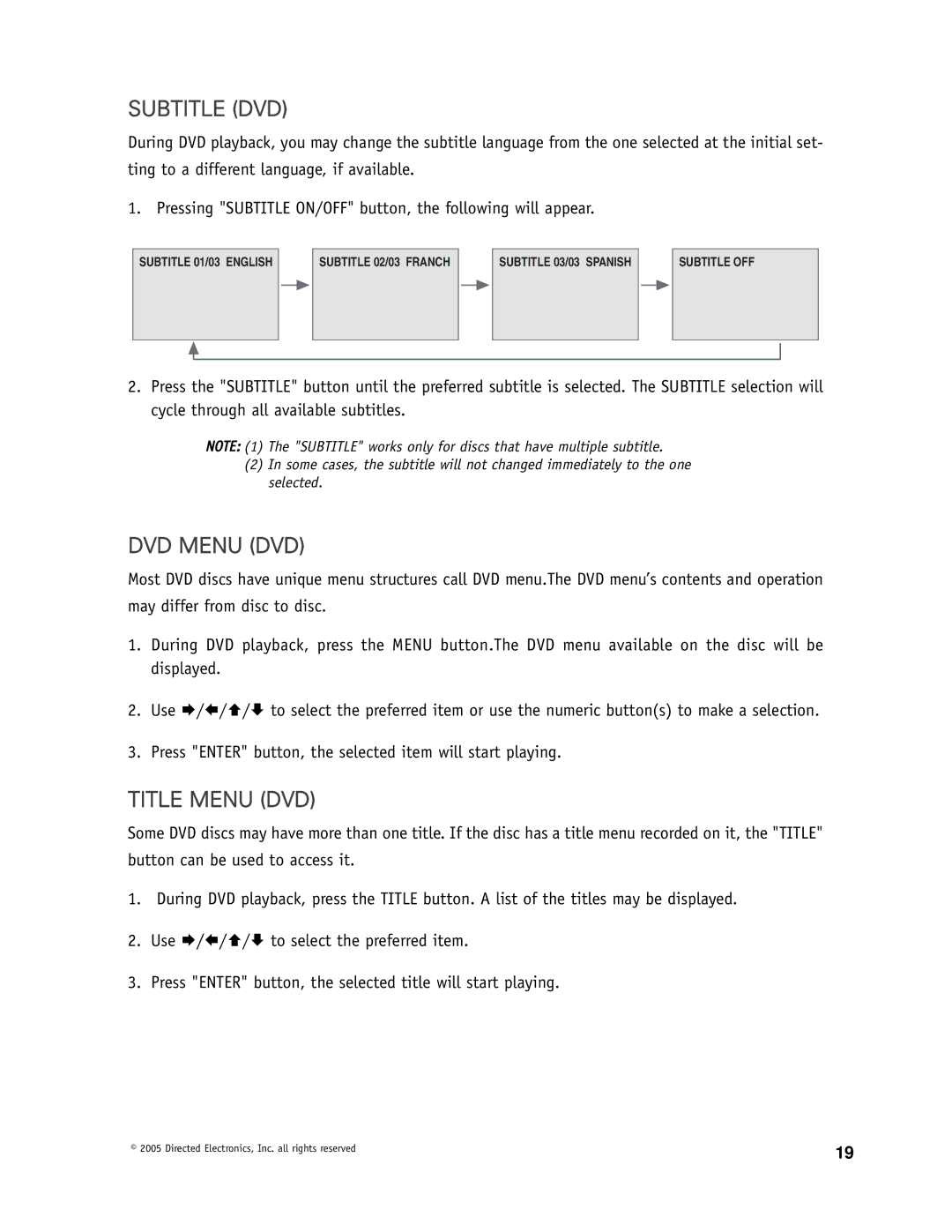 Directed Video OHD1500 manual Subtitle DVD, DVD Menu DVD, Title Menu DVD 