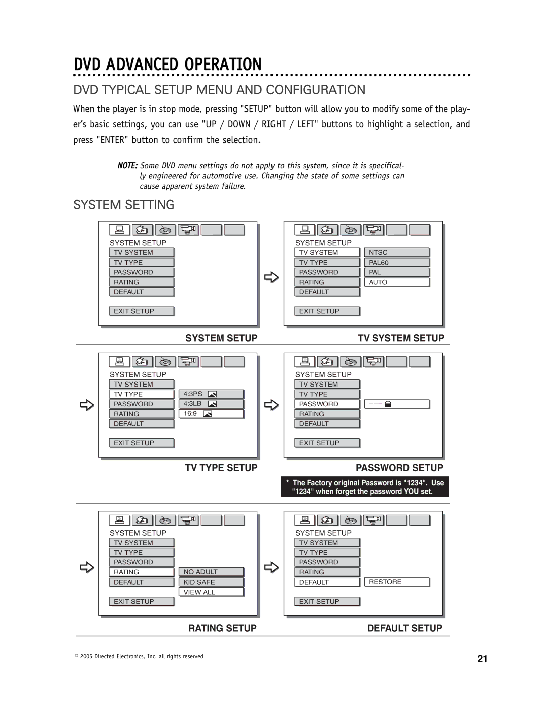 Directed Video OHD1500 manual DVD Typical Setup Menu and Configuration, System Setting 