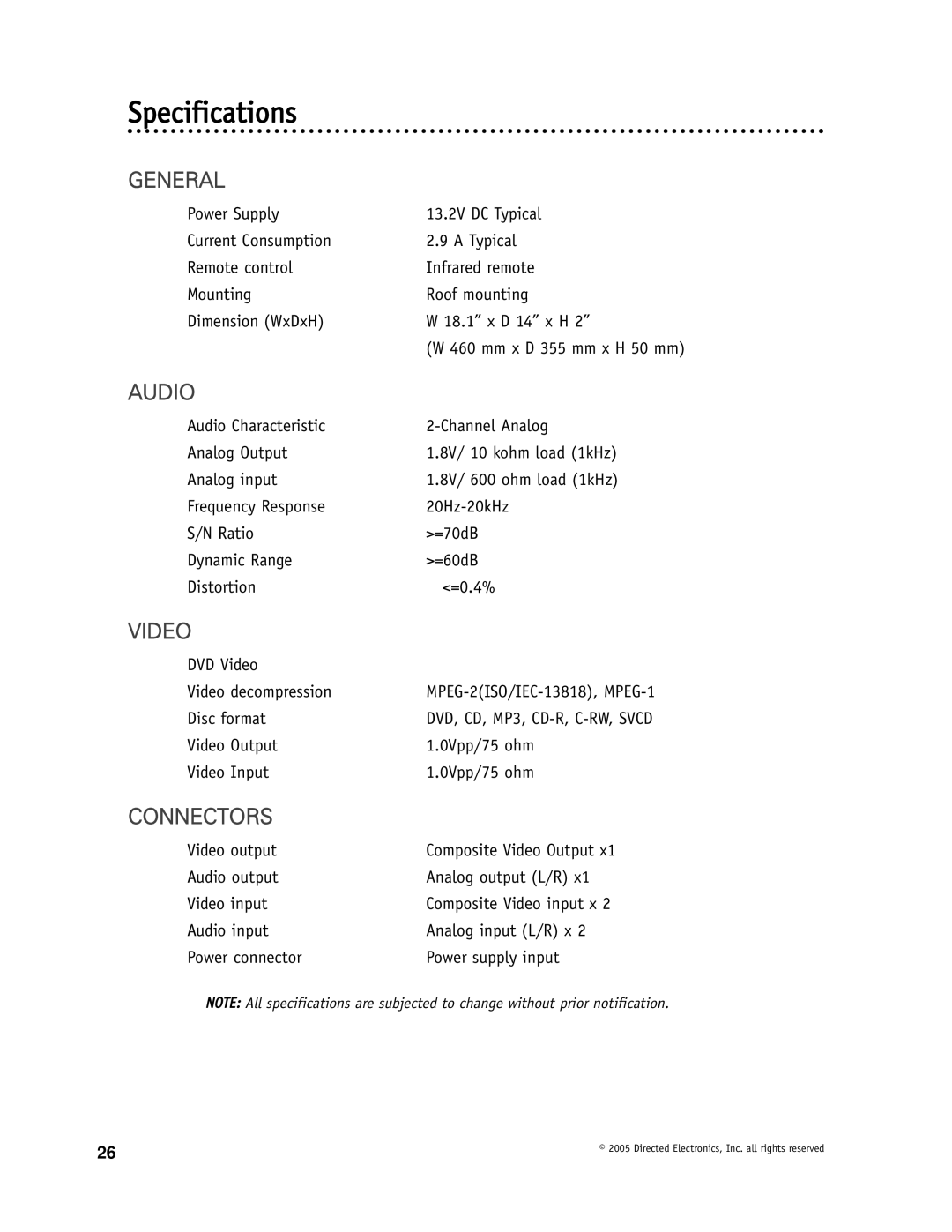 Directed Video OHD1500 manual Specifications, General, Audio, Video, Connectors 