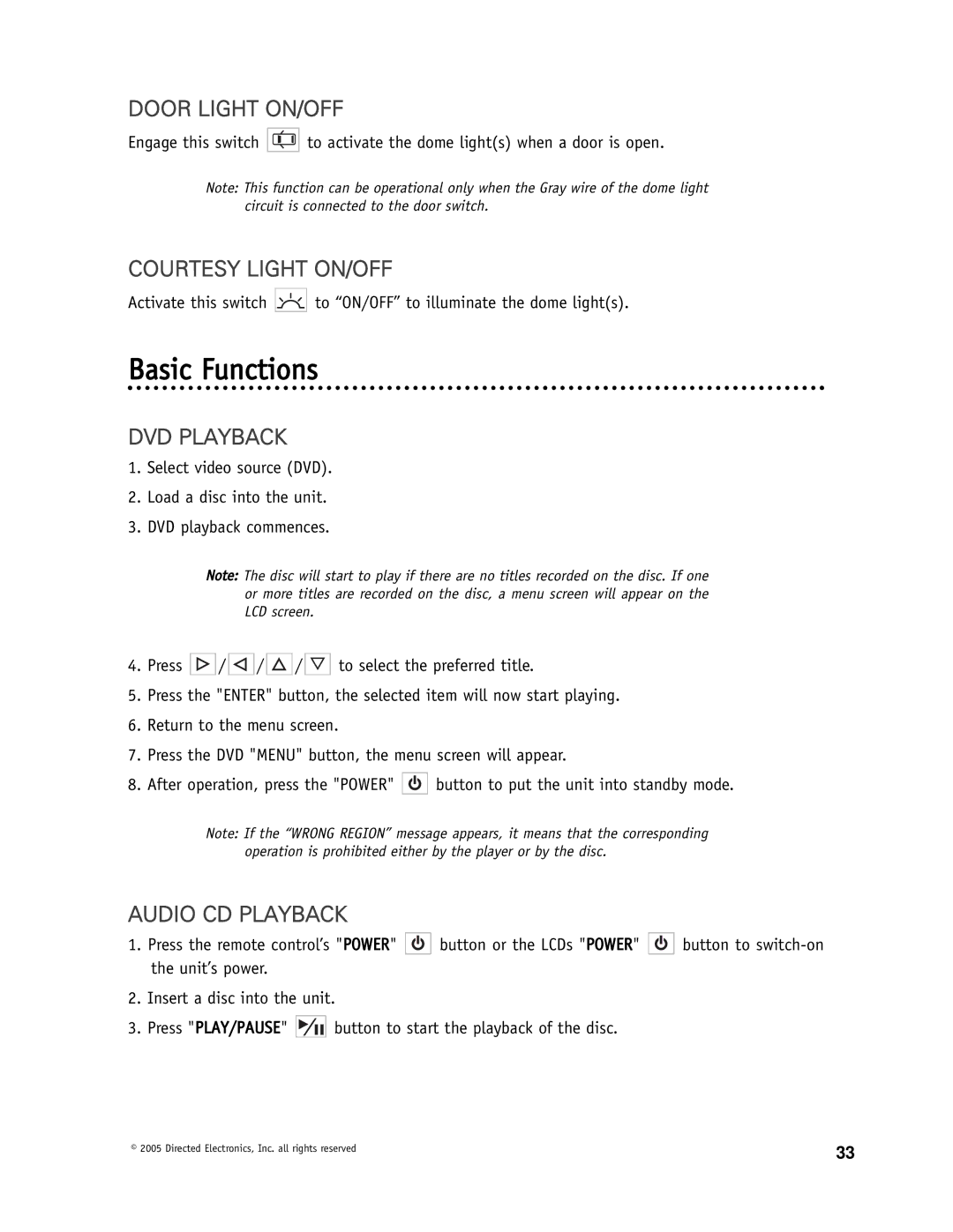 Directed Video OHD1500 manual Basic Functions, Door Light ON/OFF, Courtesy Light ON/OFF, DVD Playback, Audio CD Playback 