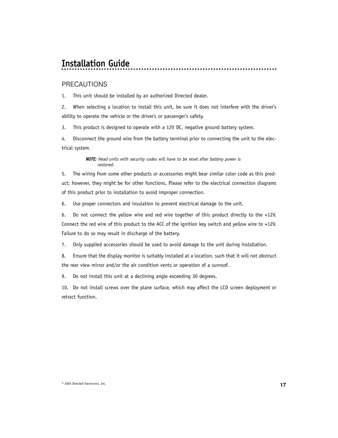 Directed Video OHV1021 manual Installation Guide, Precautions 