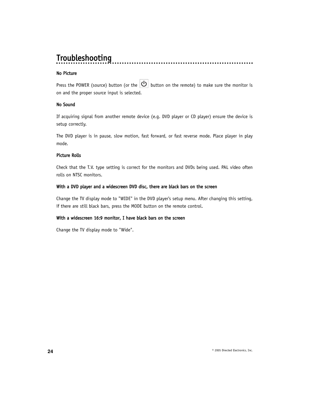 Directed Video OHV1021 manual Troubleshooting 