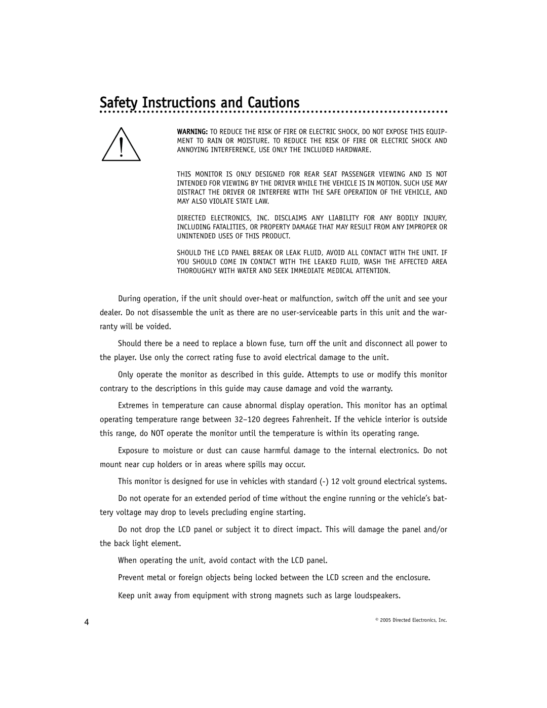 Directed Video OHV1021 manual Safety Instructions and Cautions 