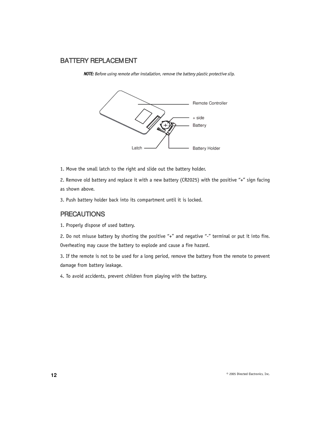 Directed Video OHW17 manual Battery Replacement, Precautions 