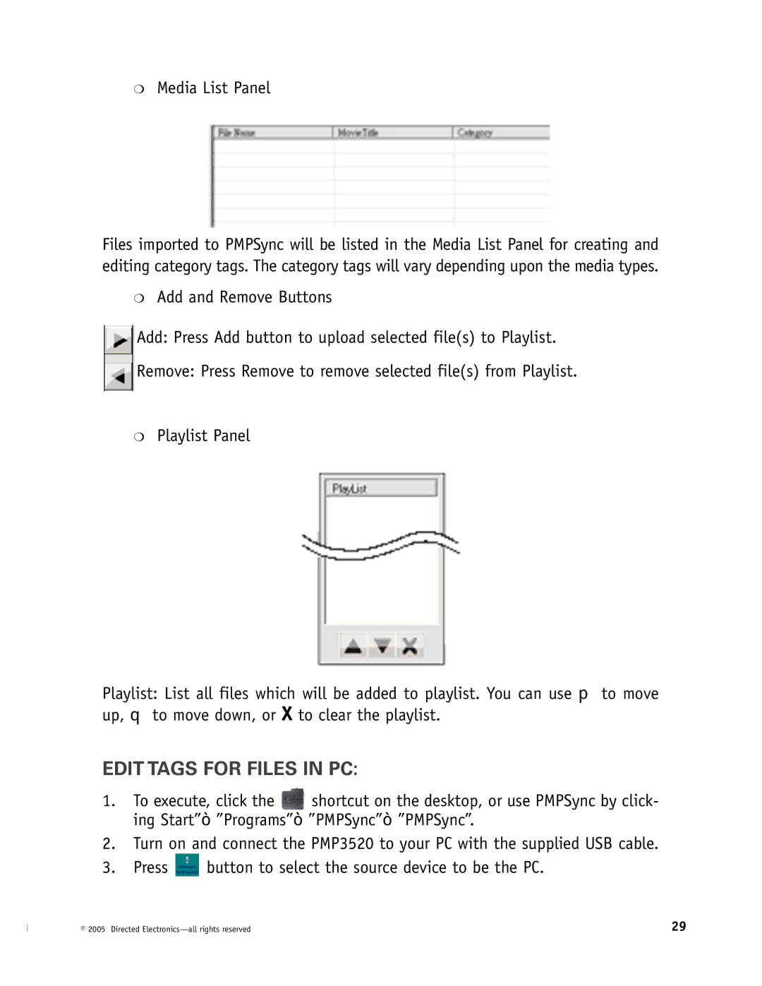 Directed Video Portable Media Player manual Edit Tags for Files in PC, Media List Panel 