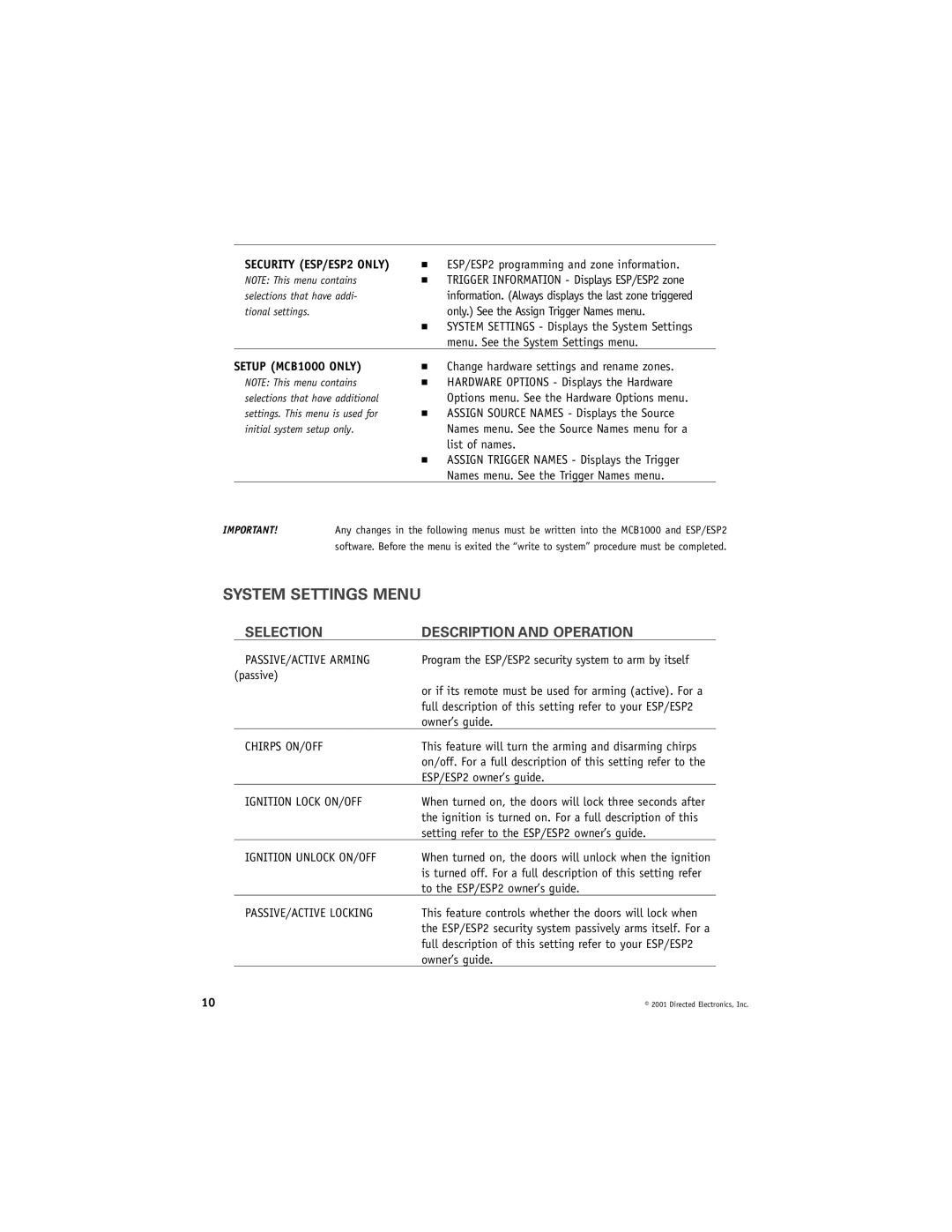 Directed Video RVM560 manual System Settings Menu, Security ESP/ESP2 only 