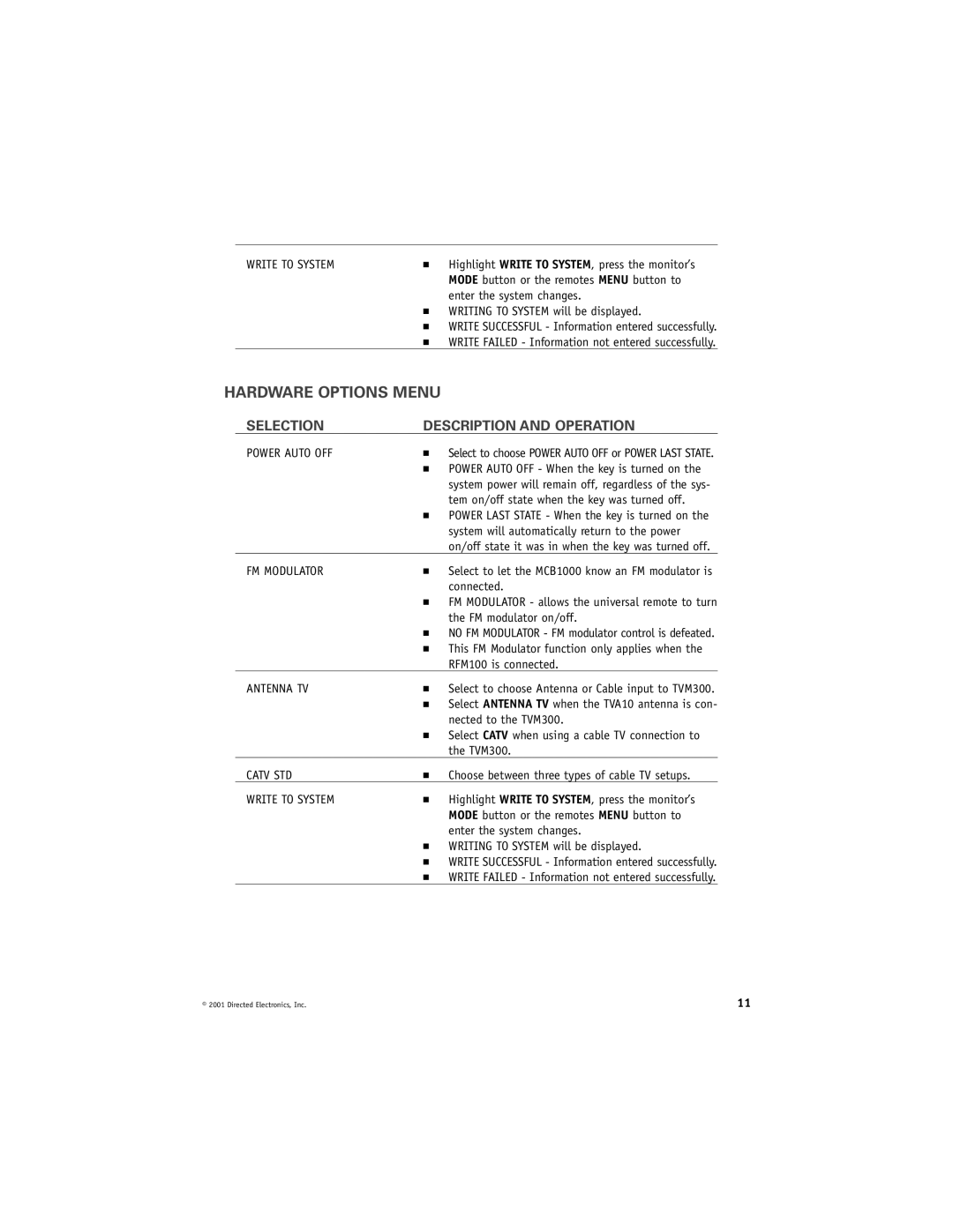 Directed Video RVM560 manual Hardware Options Menu, Write to System 