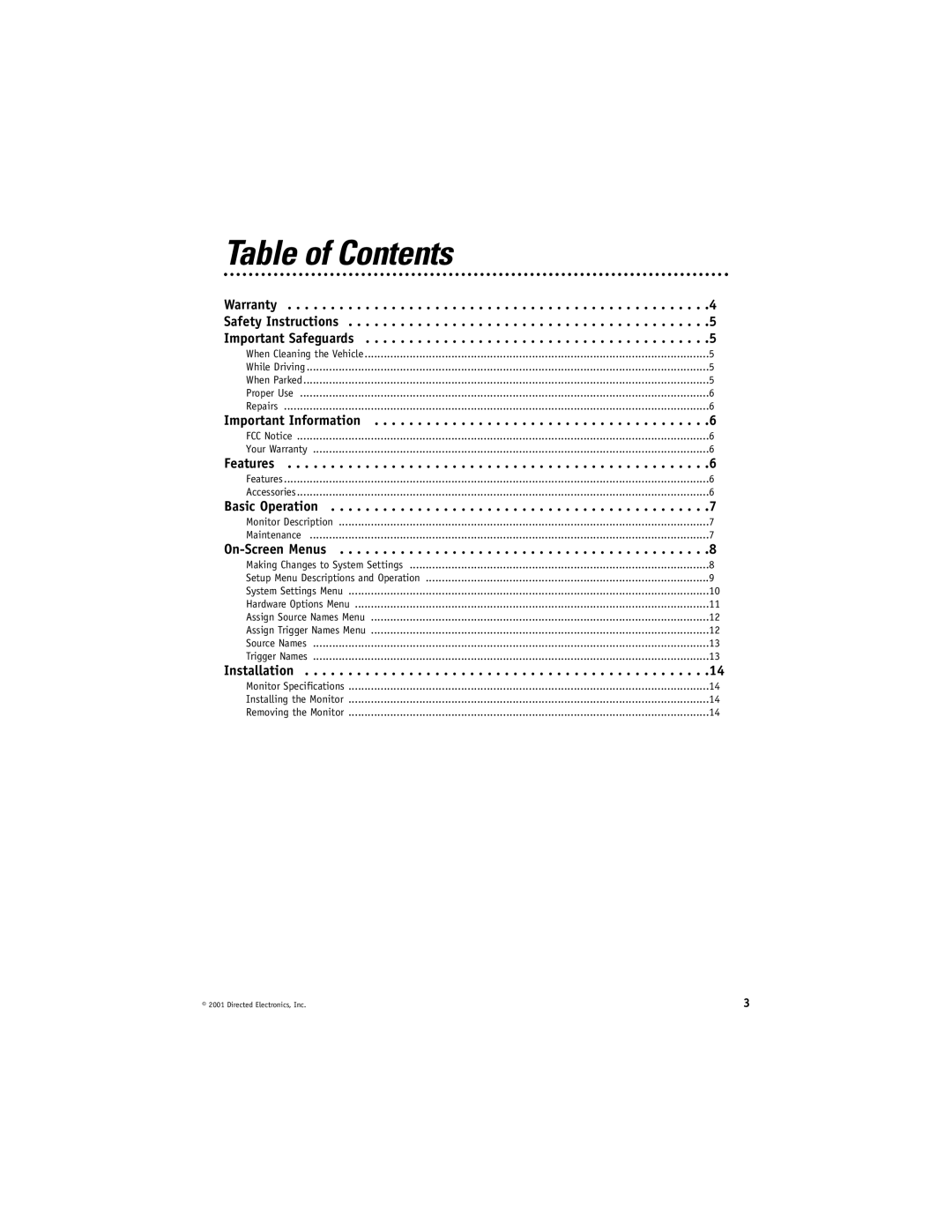 Directed Video RVM560 manual Table of Contents 