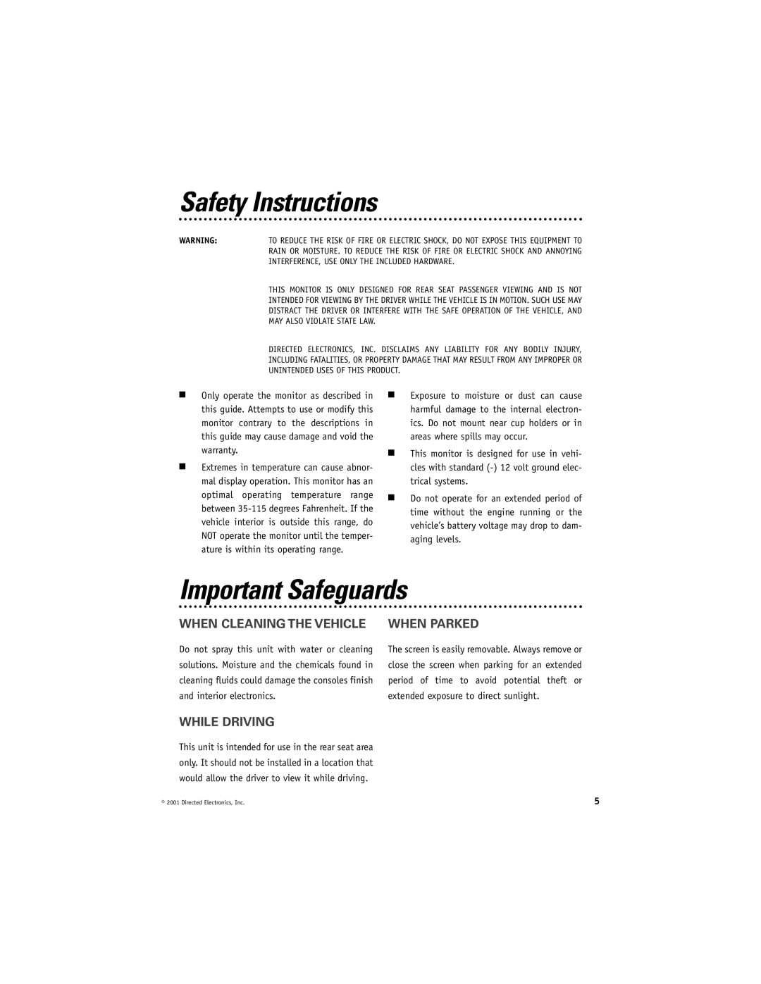 Directed Video RVM560 Safety Instructions, Important Safeguards, When Cleaning the Vehicle When Parked, While Driving 