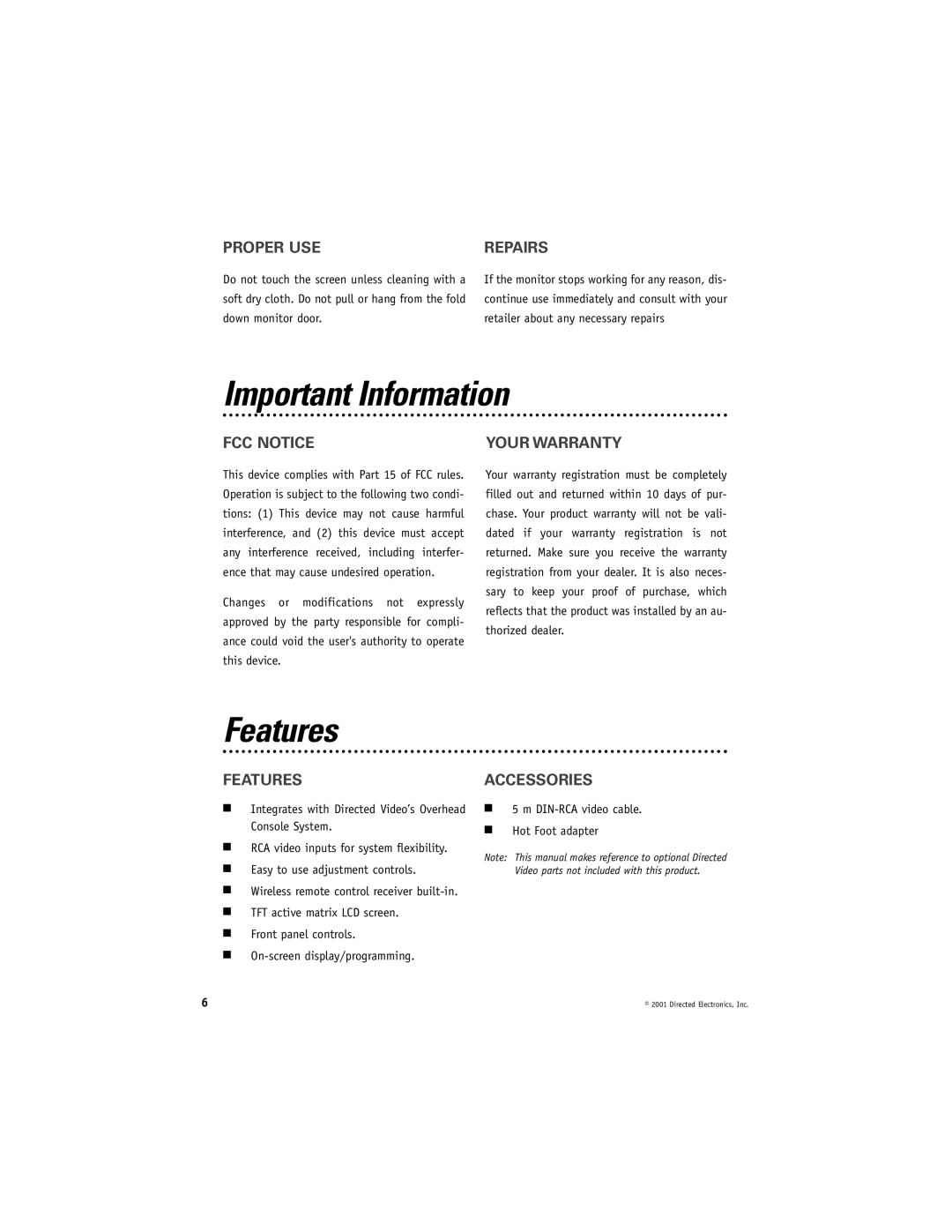 Directed Video RVM560 manual Important Information, Features 