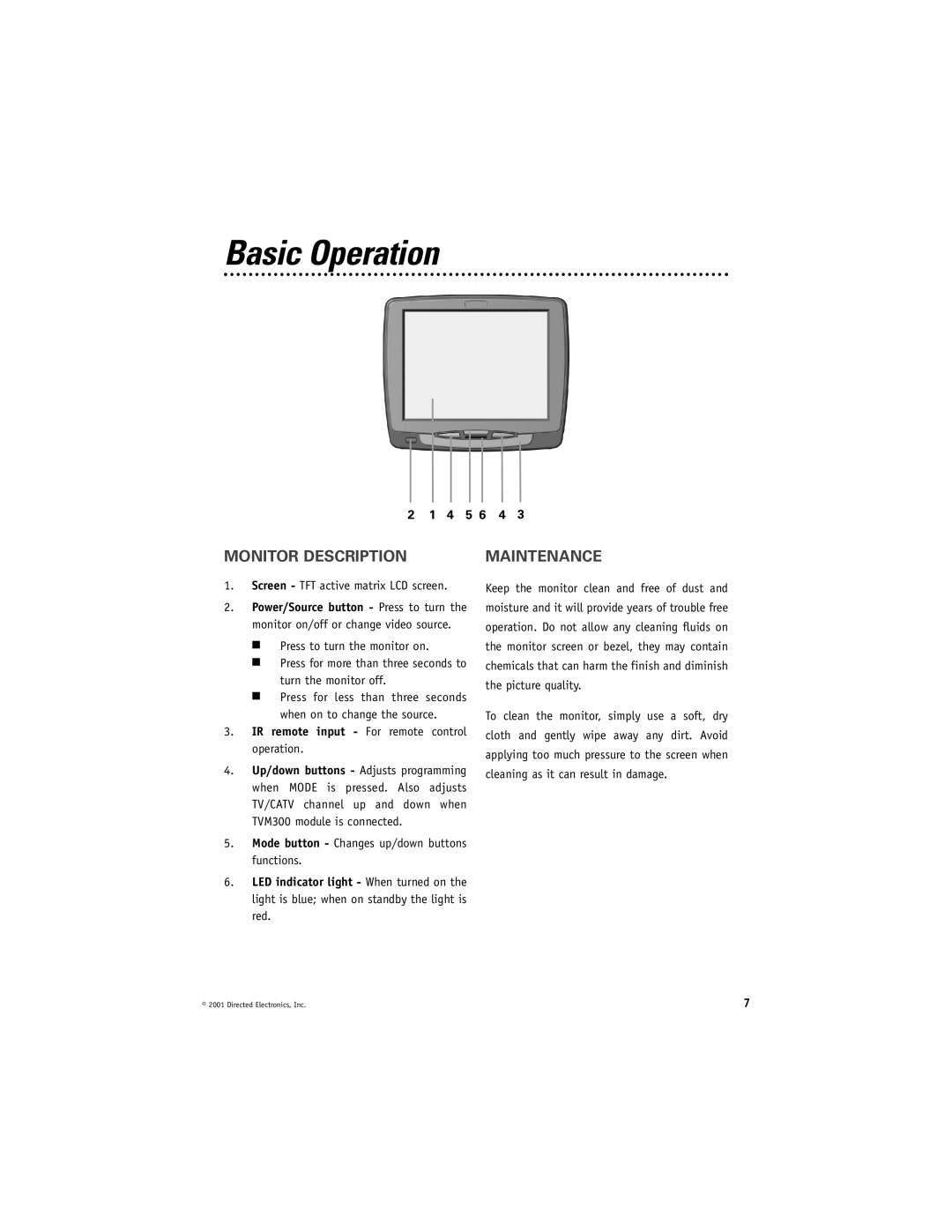 Directed Video RVM560 manual Basic Operation, Monitor Description Maintenance 