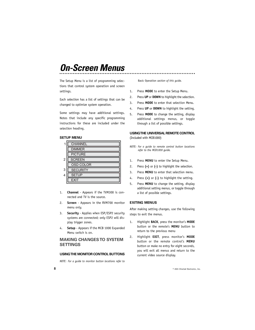 Directed Video RVM560 manual On-Screen Menus, Making Changes to System Settings 