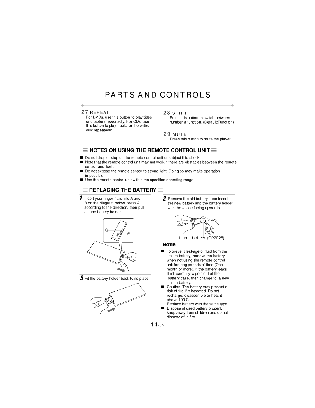 Directed Video TD700 manual Parts and Controls, Replacing the Battery 