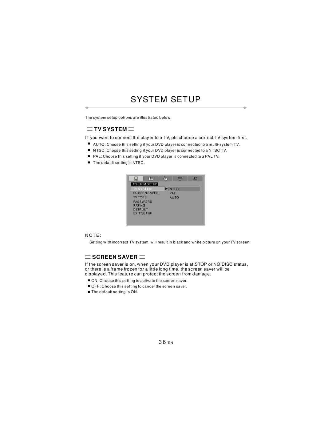 Directed Video TD850 manual System Setup, TV System, Screen Saver 