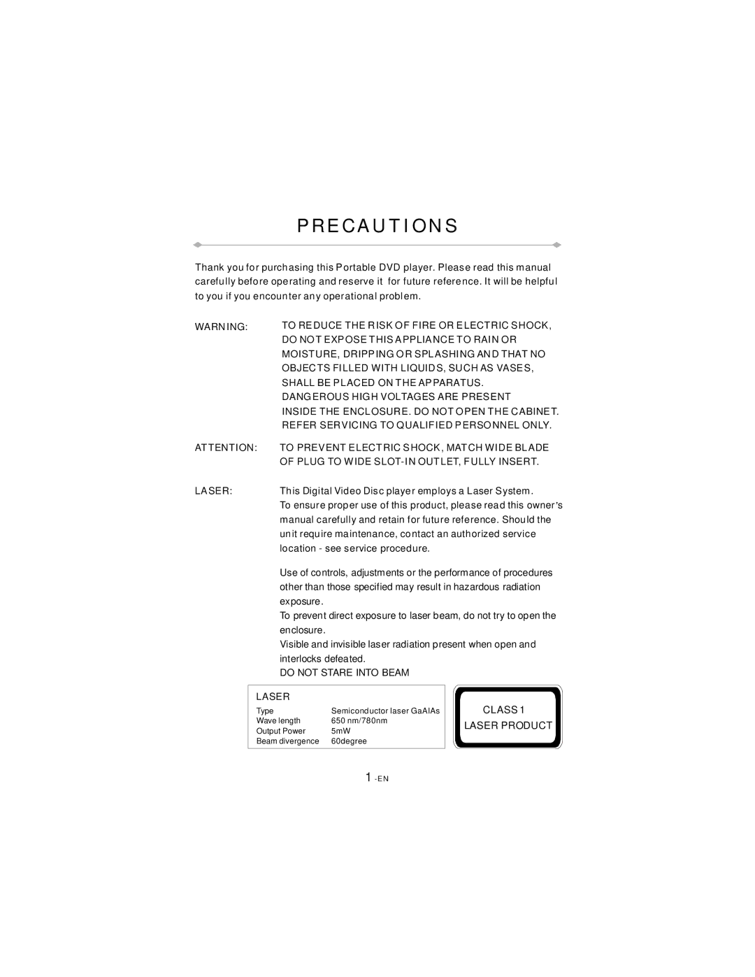 Directed Video TD850 manual Precautions, Laser 