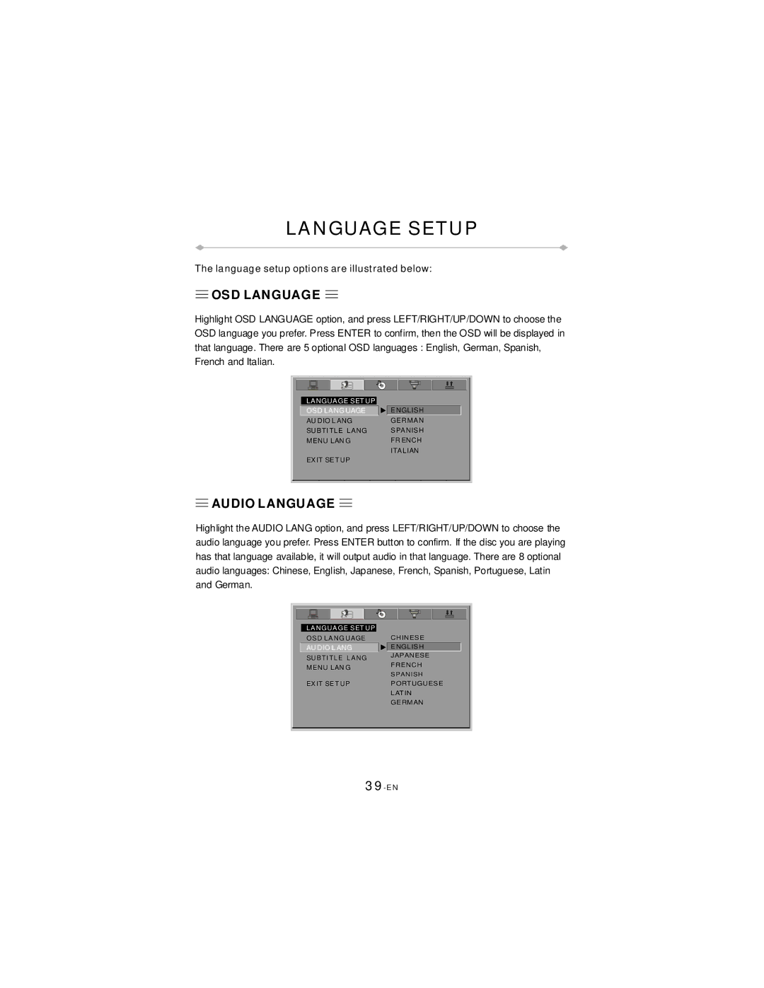 Directed Video TD850 manual Language Setup, OSD Language, Audio Language 