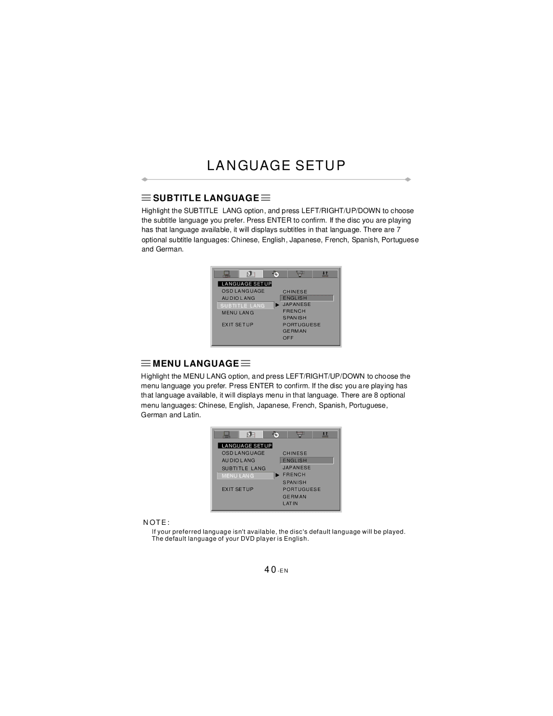 Directed Video TD850 manual Subtitle Language, Menu Language 