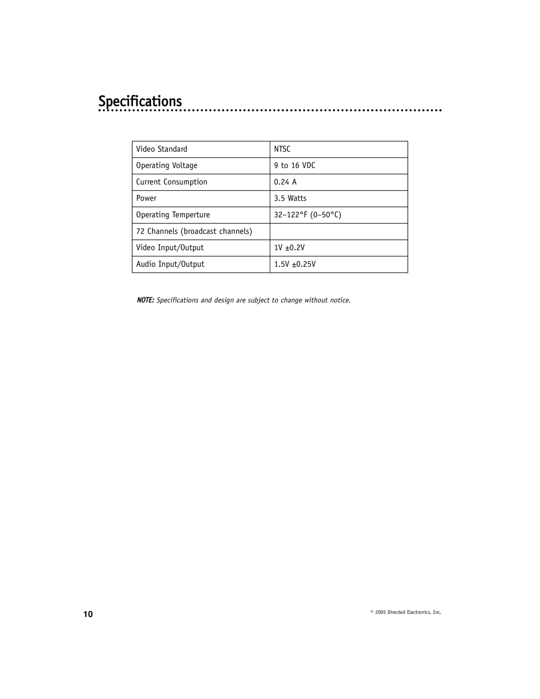 Directed Video TV100 manual Specifications, Ntsc 