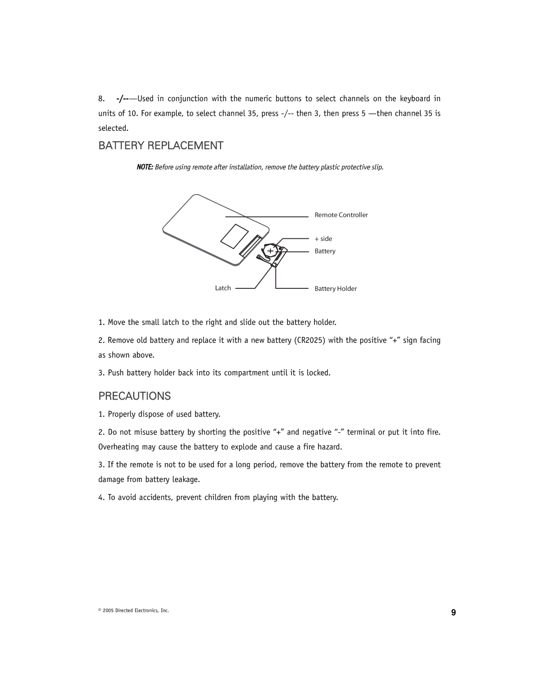 Directed Video TV100 manual Battery Replacement, Precautions 