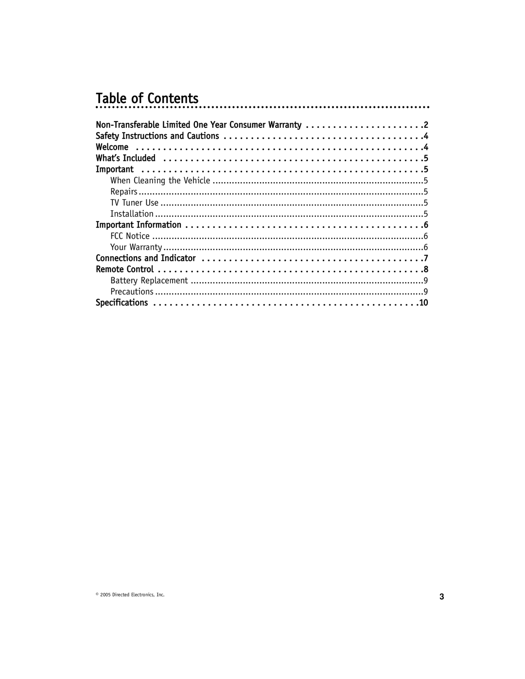 Directed Video TV100 manual Table of Contents 