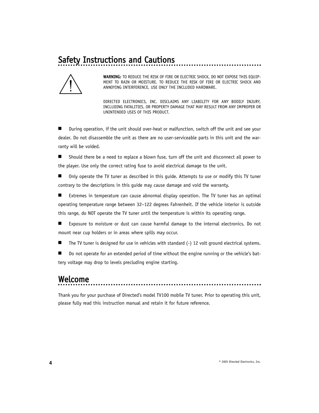 Directed Video TV100 manual Safety Instructions and Cautions, Welcome 