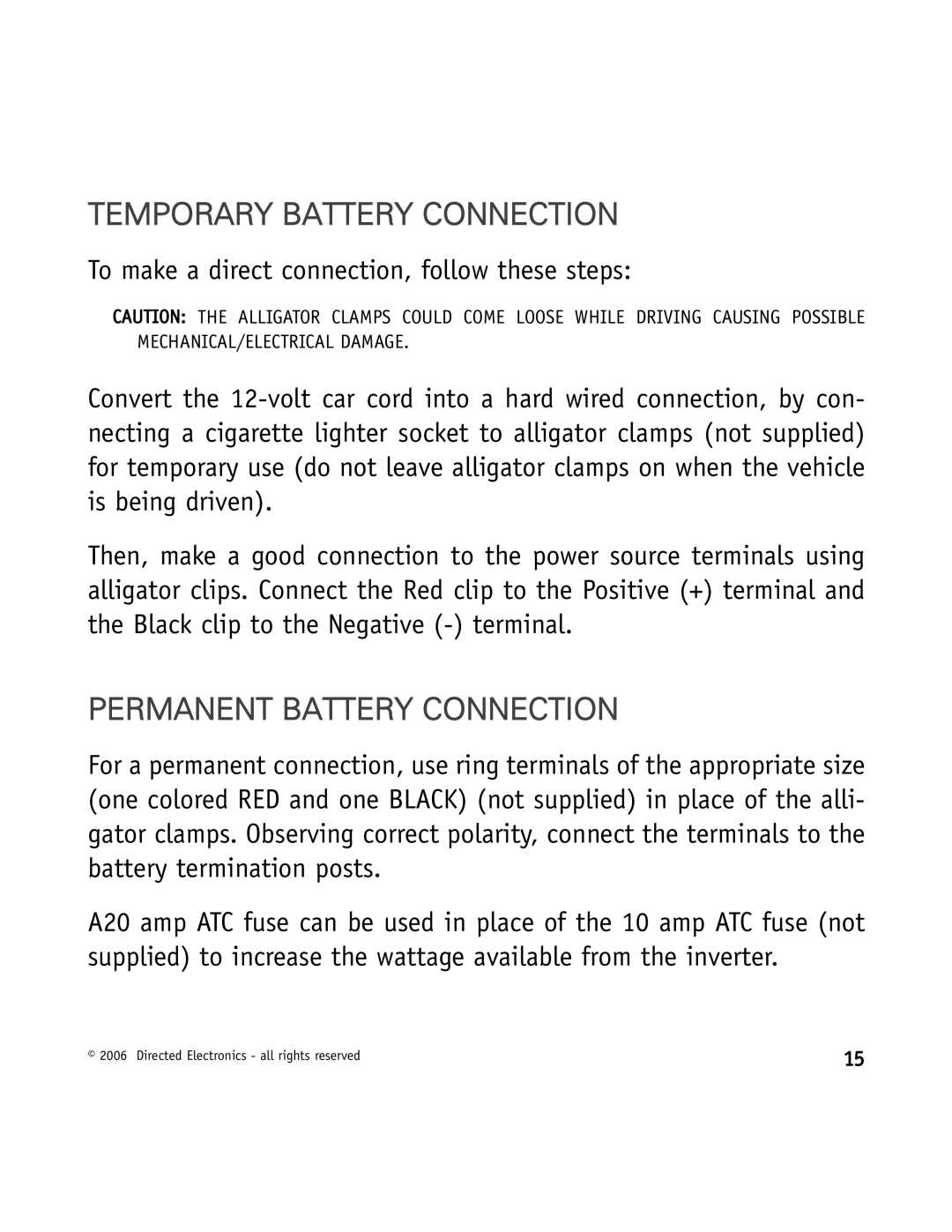 Directed Video VDC301 manual Temporary Battery Connection, Permanent Battery Connection 