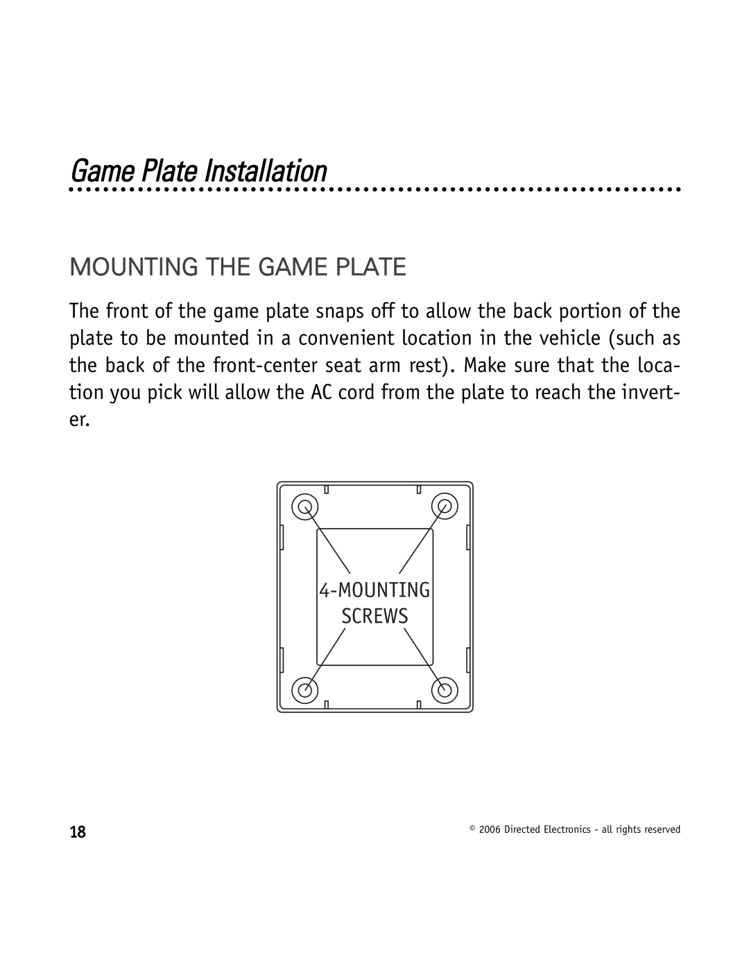 Directed Video VDC301 manual Game Plate Installation, Mounting the Game Plate 