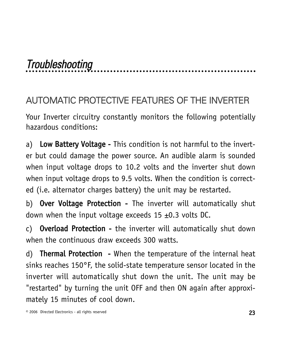 Directed Video VDC301 manual Troubleshooting, Automatic Protective Features of the Inverter 