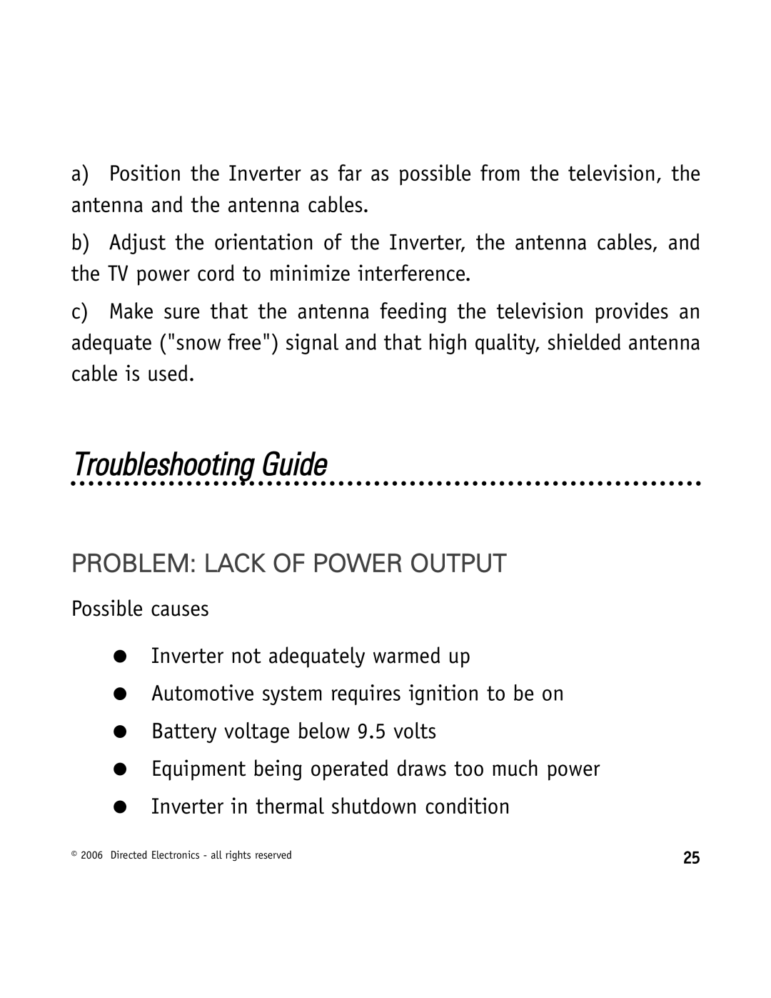 Directed Video VDC301 manual Troubleshooting Guide, Problem Lack of Power Output 