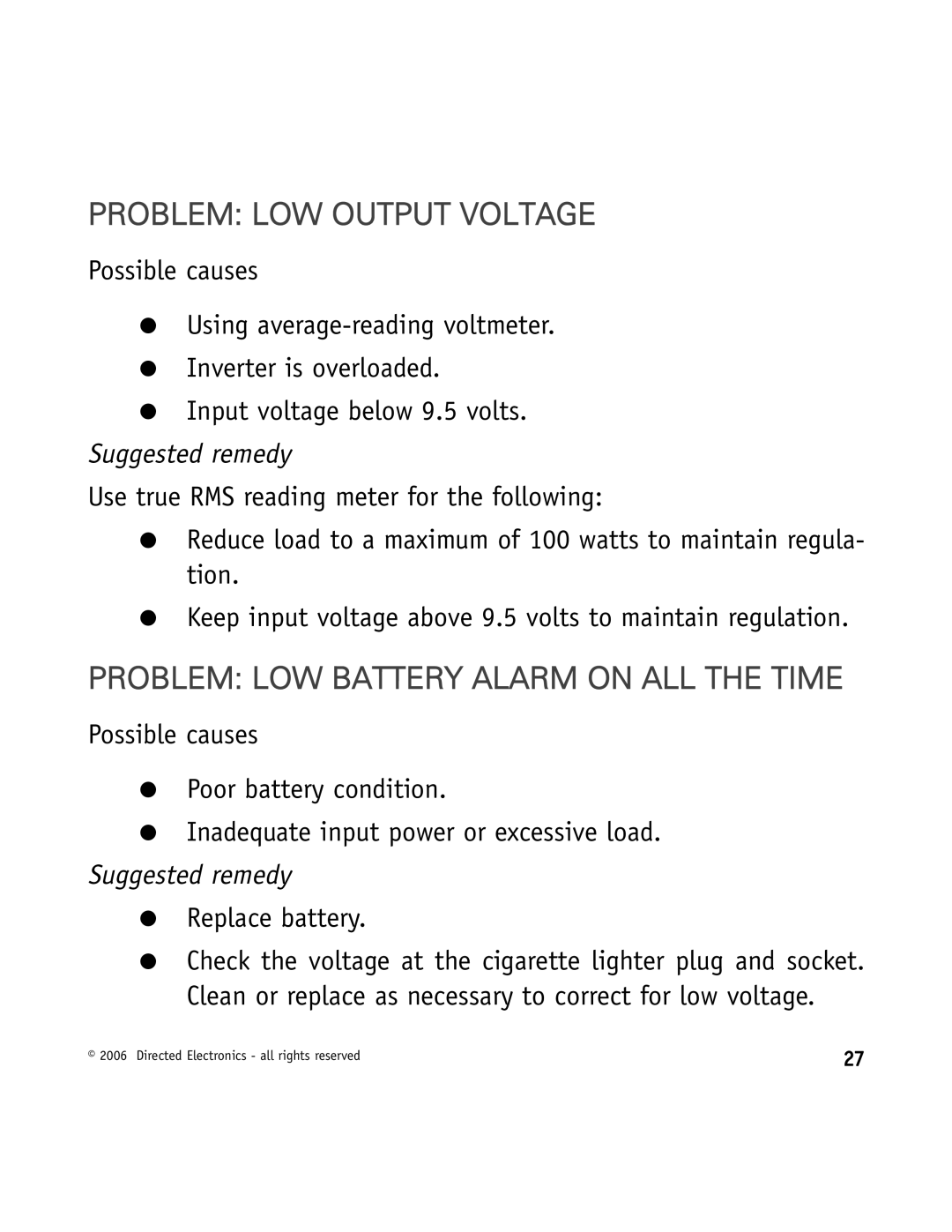 Directed Video VDC301 manual Problem LOW Output Voltage, Problem LOW Battery Alarm on ALL the Time 