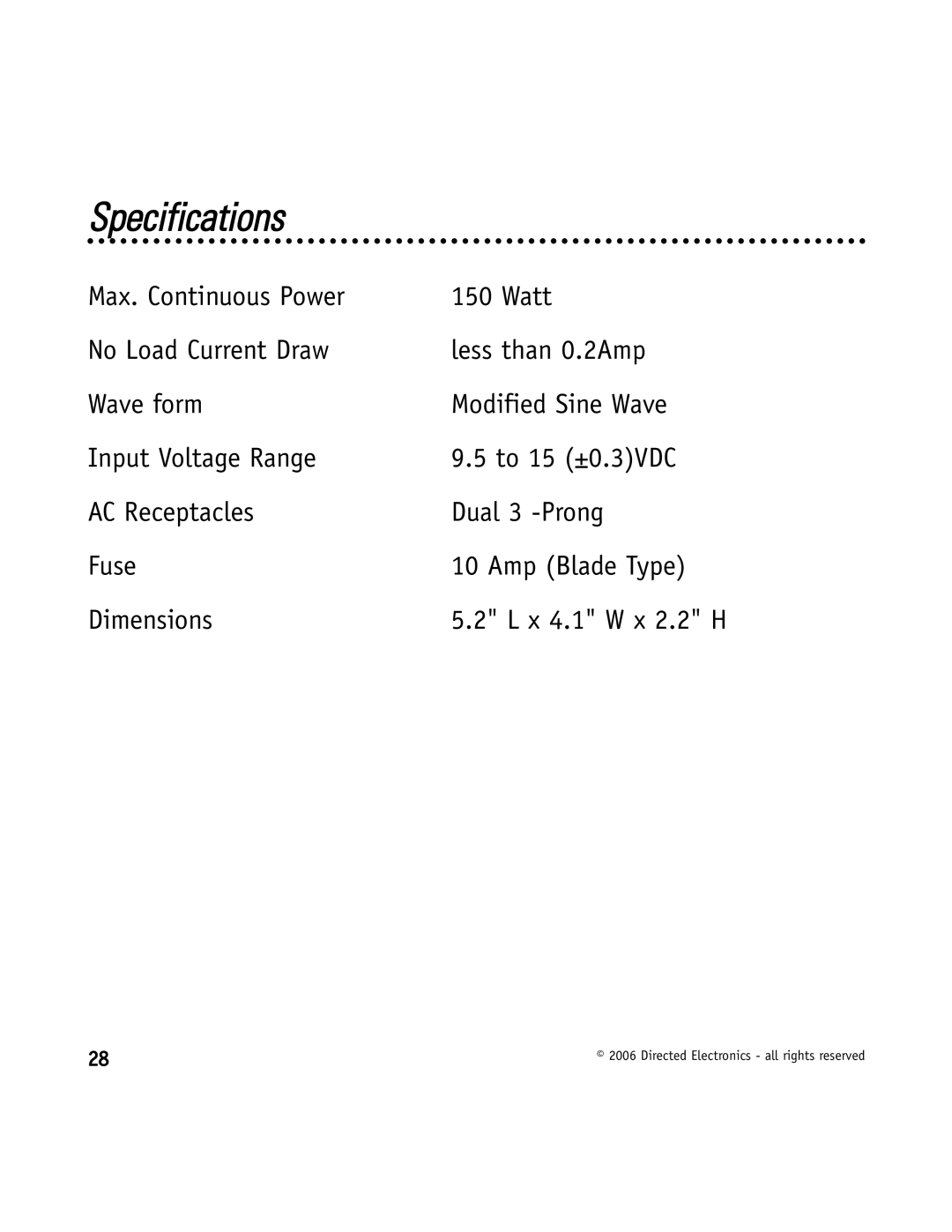 Directed Video VDC301 manual Specifications, X 4.1 W x 2.2 H 