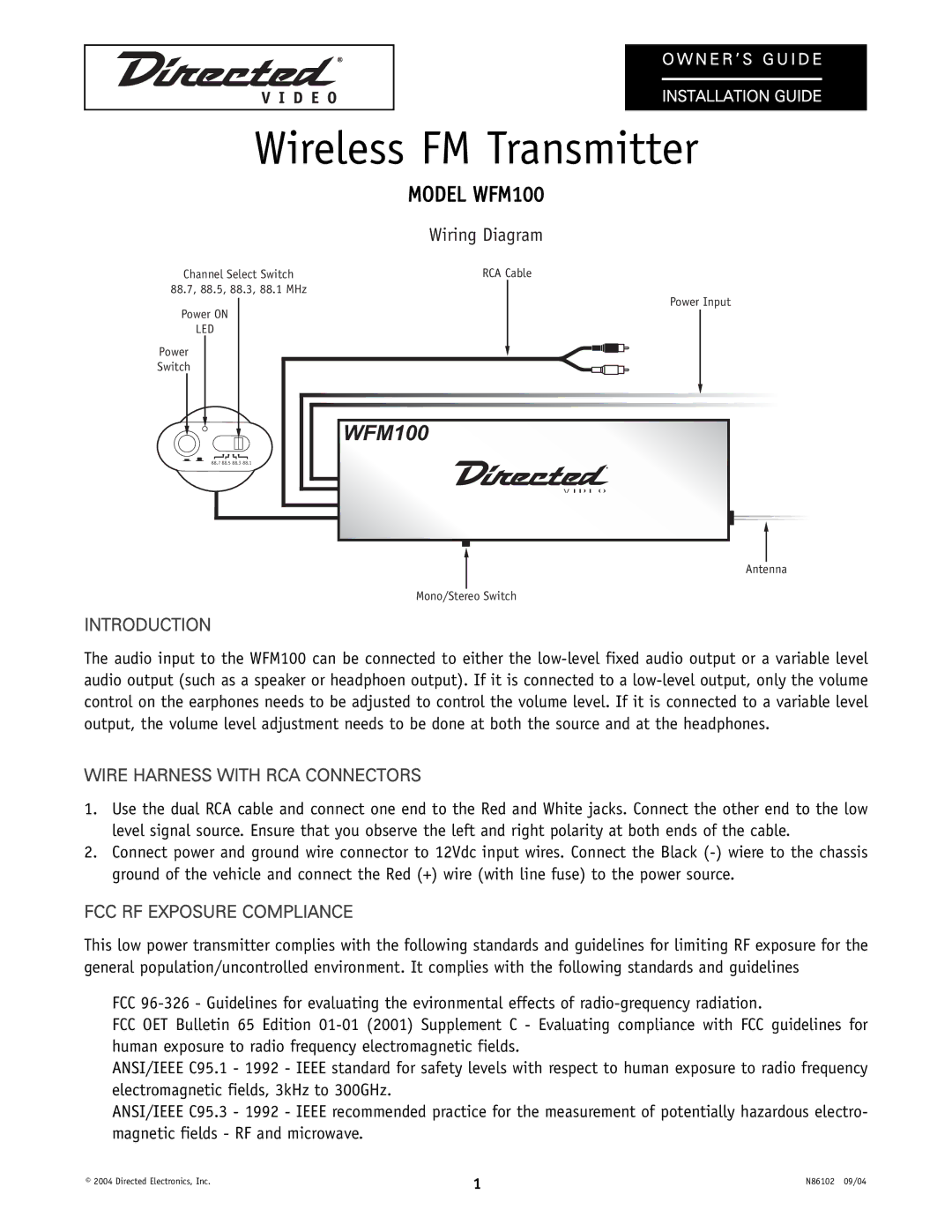 Directed Video manual Wireless FM Transmitter, Model WFM100, Wiring Diagram 