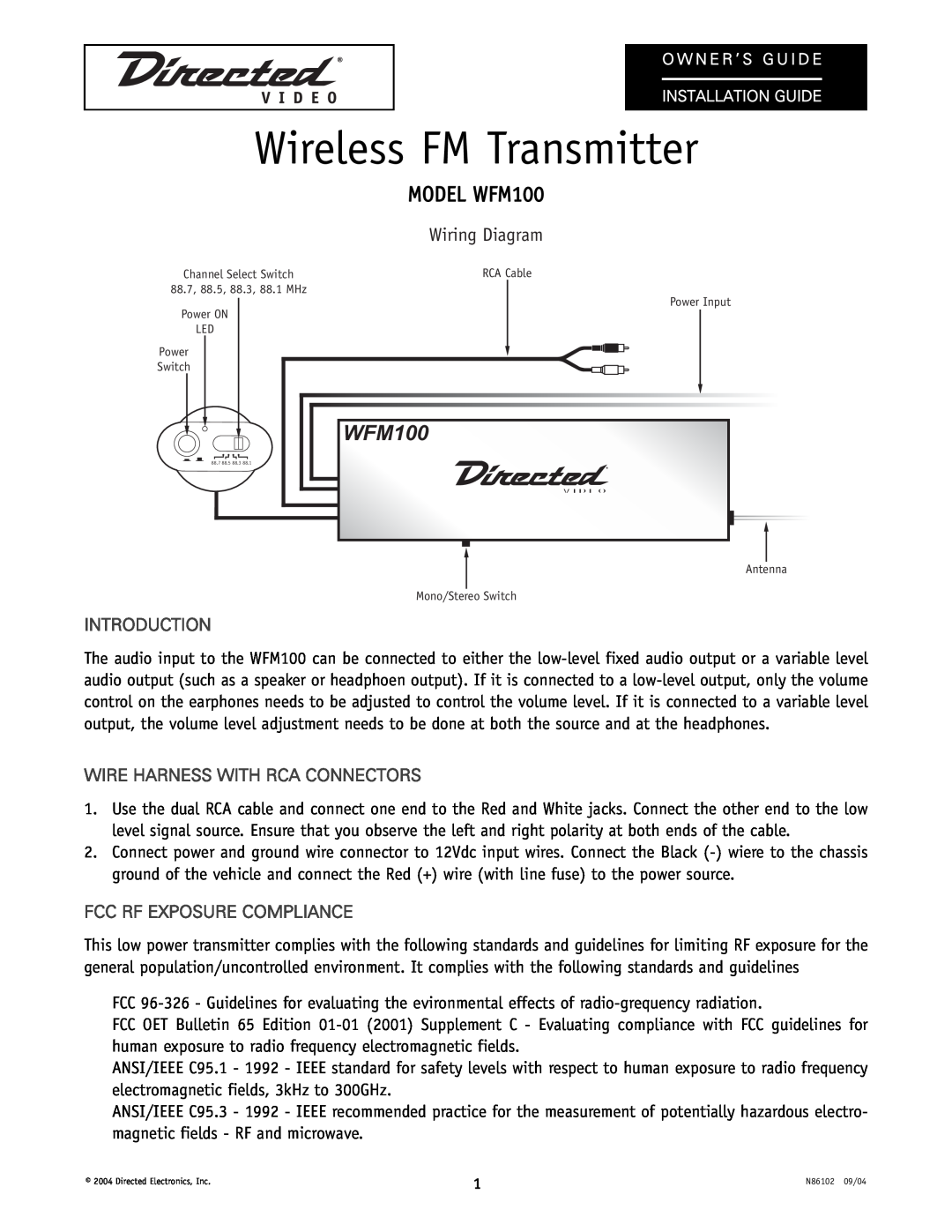 Directed Video manual Wireless FM Transmitter, MODEL WFM100, Wiring Diagram, Introduction, Fcc Rf Exposure Compliance 